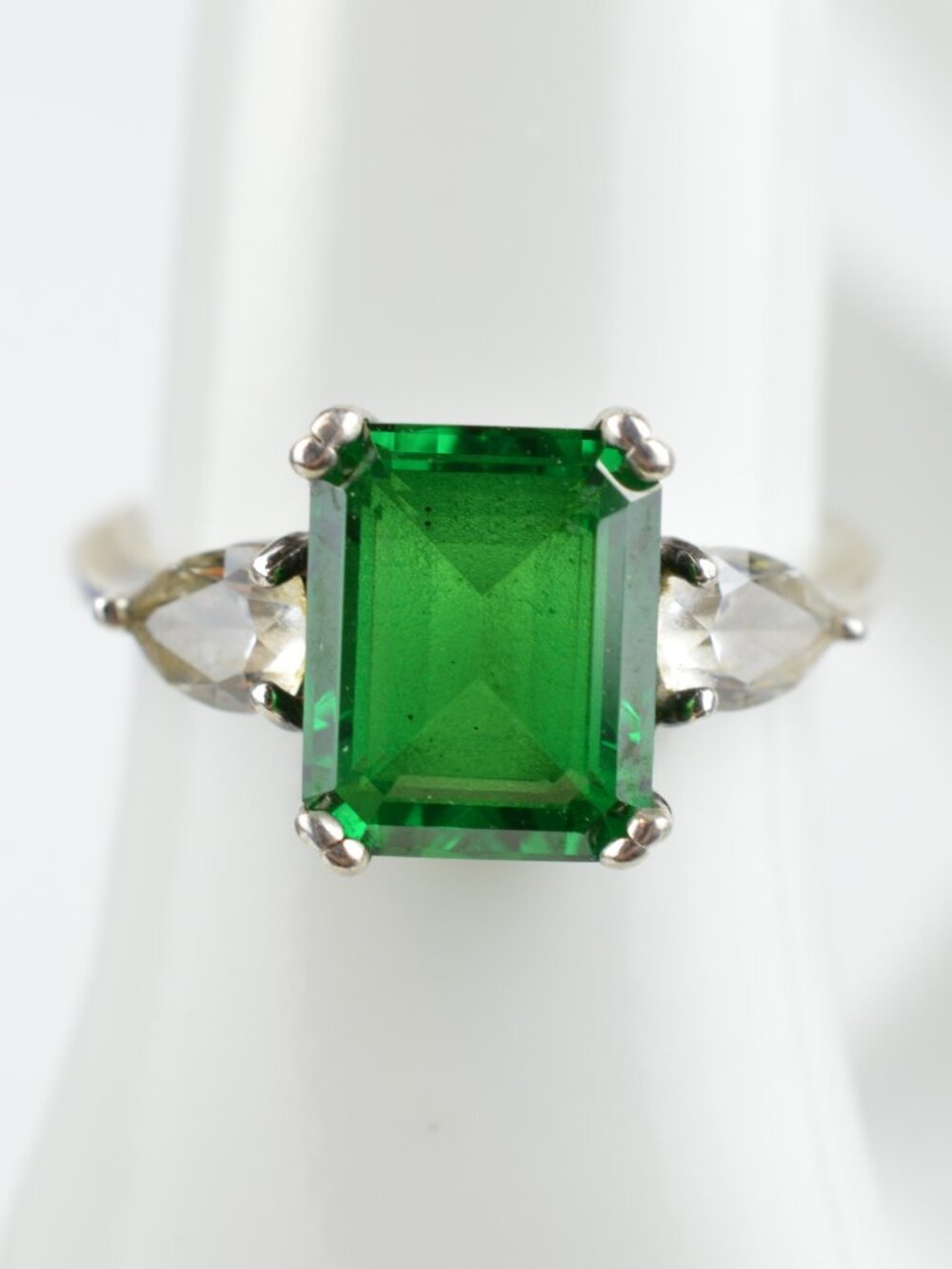 Diamonique QVC 925 Sterling Silver Simulated Emerald Three Stone CZ Ring 7.5